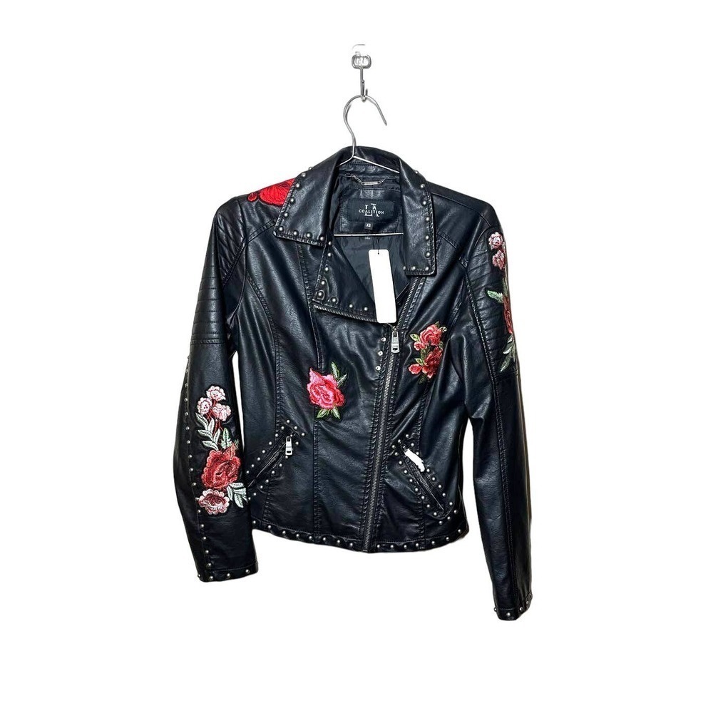 Black Leather Moto Biker Jacket Floral Applique Studded Vegan Leather Jacket